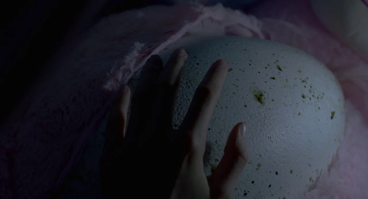 Hatching (2022) movie still: closeup — A large egg rests on a soft pink textile surface in low light. A human hand gently rests on the speckled…