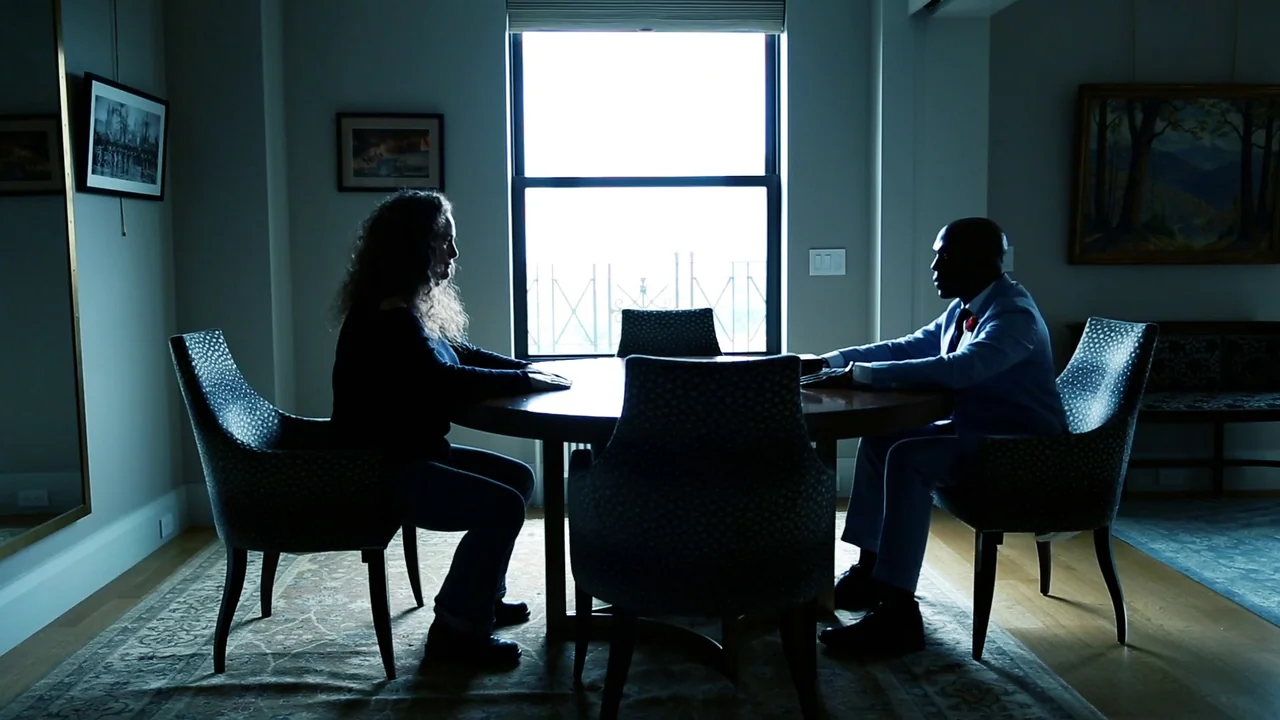 The Deeper You Dig (2019) movie still: wide — A modern dining room features a circular table centered before a bright exterior window. A woman and a…