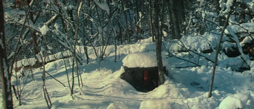 Dersu Uzala (1975) movie still: establishing — A dense winter landscape with deep, unbroken snow cover and thin, leafless tree trunks. A small, dark…