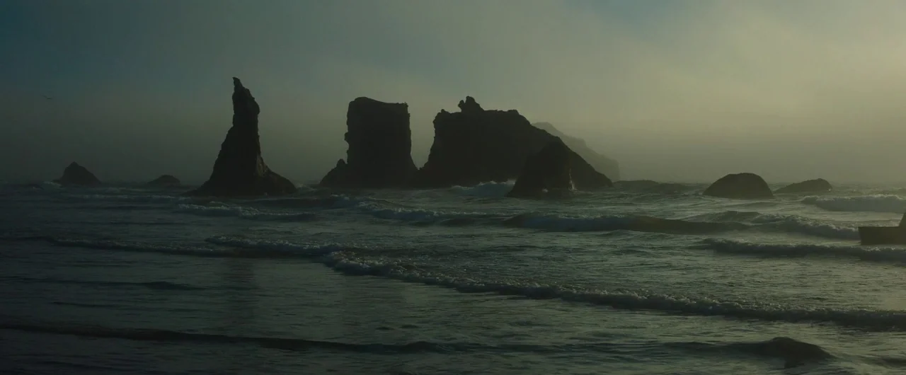 Damsel (2018) movie still: wide — A rugged coastline featuring dark, jagged sea stacks rising from the churning ocean surf. Thick mist obscures the…