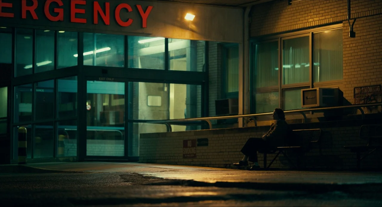 Joker (2019) movie still: wide — A brick building features a bright red sign over a glass-paned entrance area. A lone individual sits on a metal…