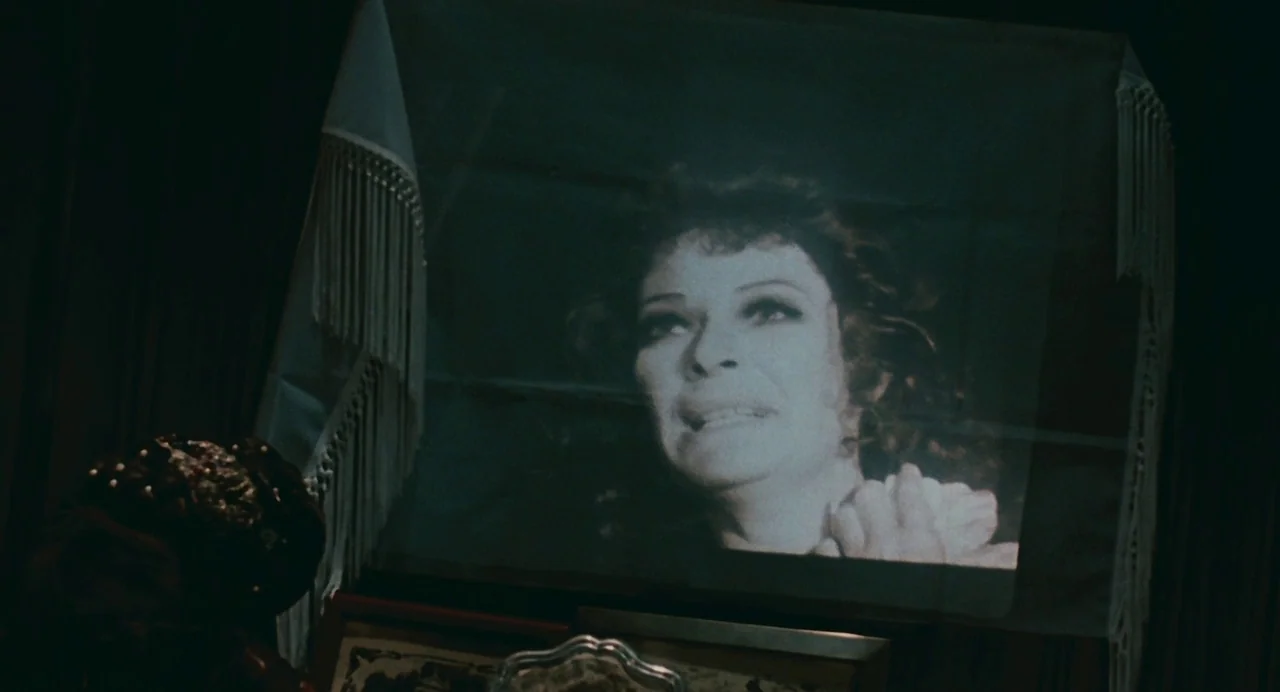 And The Ship Sails On (1983) movie still: medium — A projected film still displays a woman's face on a white fabric screen hanging indoors. The…