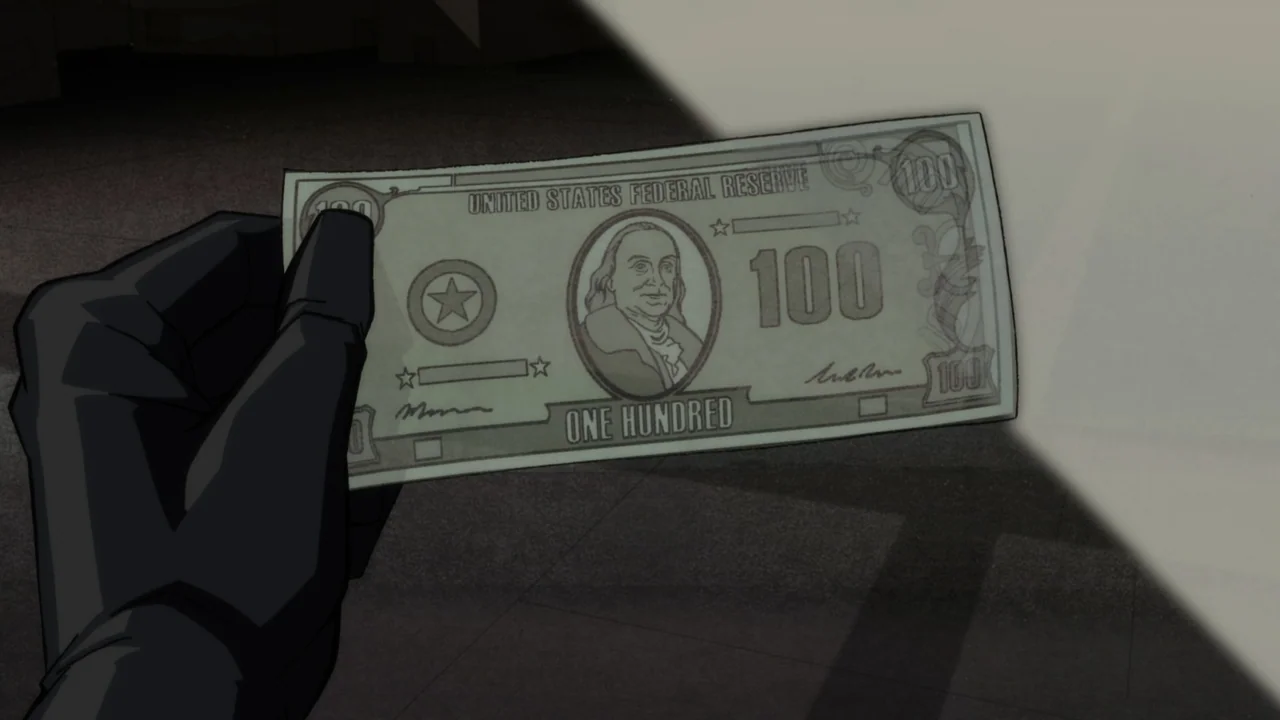 Batman: The Long Halloween, Part One (2021) movie still: closeup — A dark space features a single beam of light crossing the frame. A black gloved…