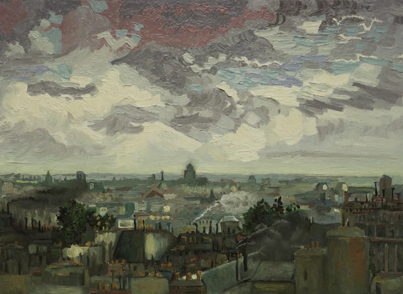 Loving Vincent (2017) movie still: establishing — An oil painting depicts a sprawling cityscape under a heavy, textured overcast sky. Numerous…