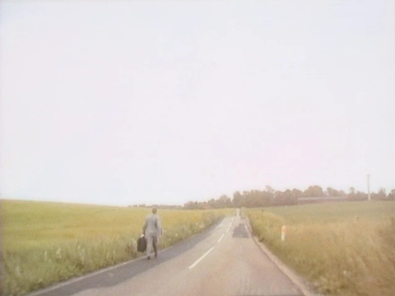 Festen (1998) movie still: wide — A rural asphalt road cuts through flat, yellow-green agricultural fields under a washed-out sky. A solitary man in…