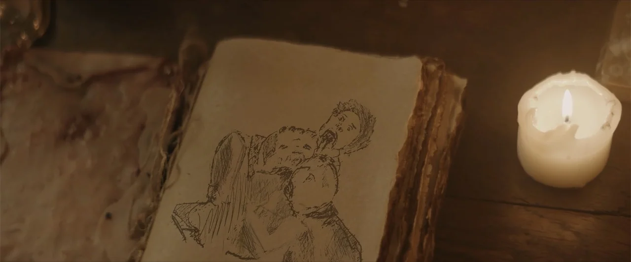 Cinderella's Curse (2024) movie still: closeup — An open vintage book rests on a dark wooden surface near a lit candle. A black ink drawing of two…