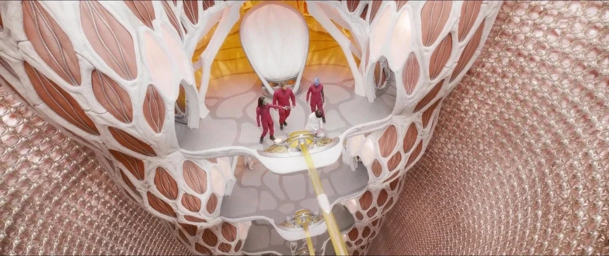Guardians of the Galaxy Vol. 3 (2023) movie still: wide — A complex organic structure features white and peach webbed patterns forming circular…