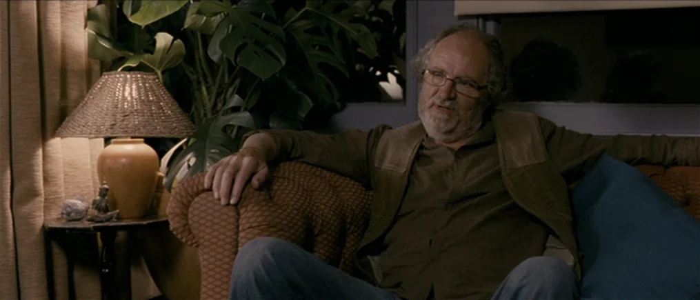 Another Year (2010) movie still: medium — A cozy interior features a patterned sofa placed against a window at night. An older man sits on the couch…