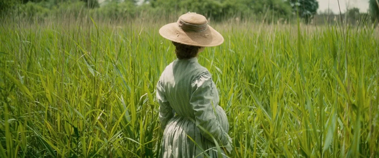 The Invisible Woman (2013) movie still: medium — A dense patch of tall green reeds fills the frame during the day. A woman wearing a…