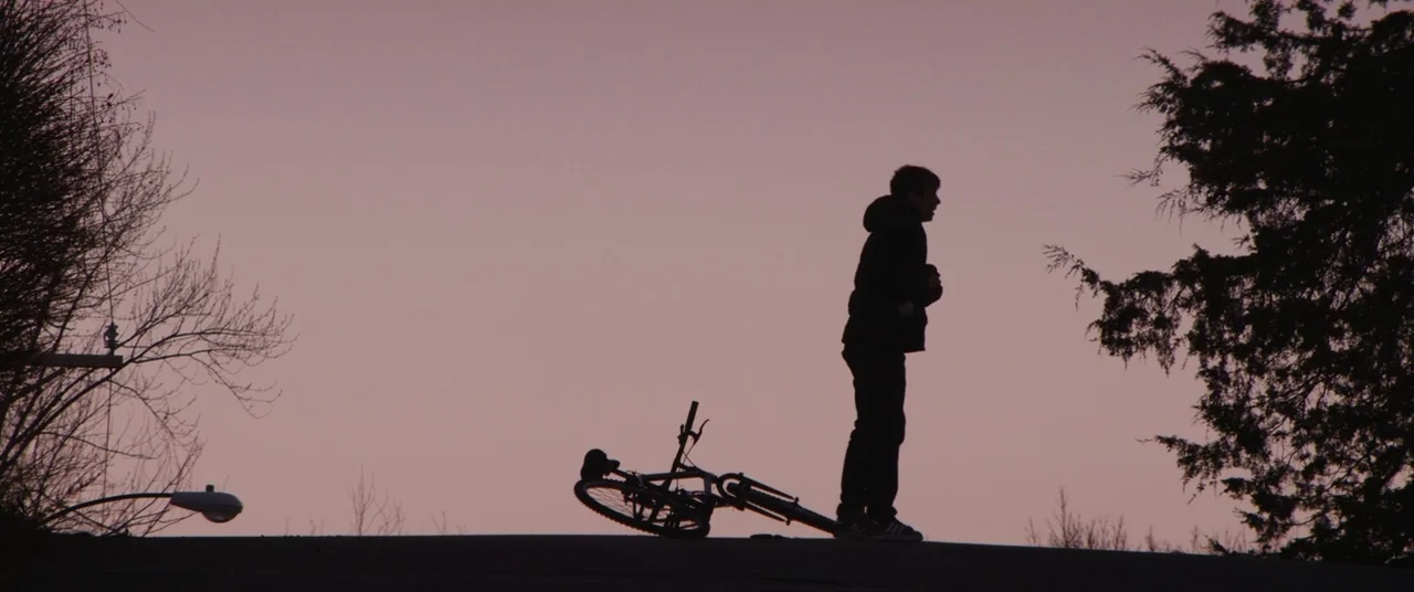 Super Dark Times (2017) movie still: wide — A silhouette of a person stands atop a dark rise against a muted purple dusk. A bicycle lies on its side…
