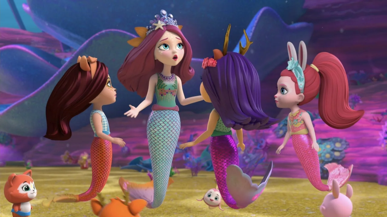 Enchantimals - Ocean Kingdom (2023) movie still: fullbody — A vibrant underwater setting features stylized coral and sandy terrain with four mermaid…