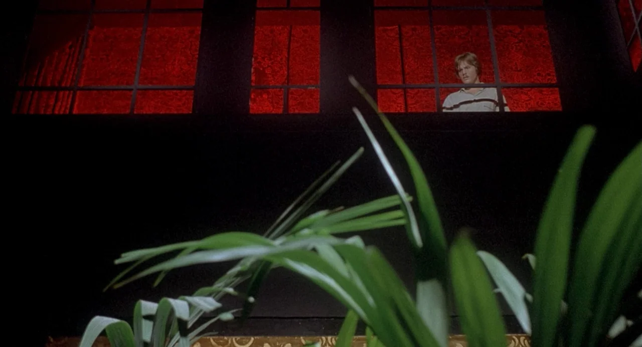 Inferno (1980) movie still: wide — A man stands on a balcony against a background of bright red illuminated windows. Green plant leaves are…