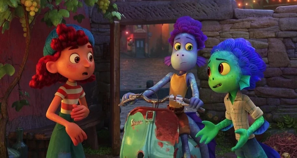 Luca (2021) movie still: medium — A stone courtyard with a rustic wall and hanging grapes in the late evening. Three stylized animated youths engage…