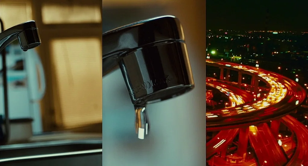 127 Hours (2010) movie still: closeup — A close-up shot of a polished metal kitchen faucet in a dimly lit home. A single droplet of water is…
