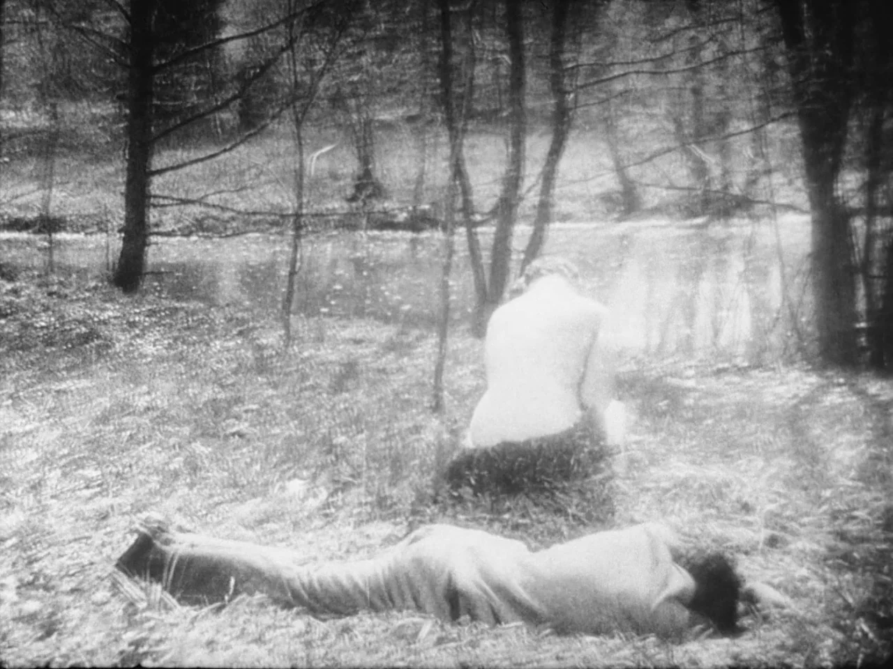 Un Chien Andalou (1929) movie still: fullbody — A quiet grassy riverbank is shaded by a canopy of thin, leafless trees. Two figures remain…