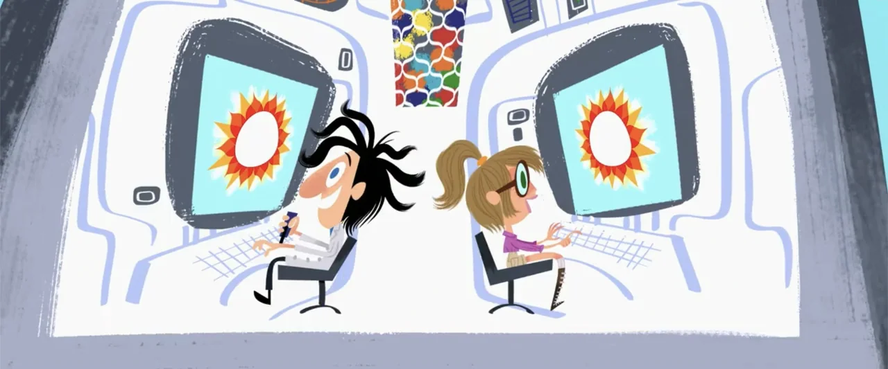 Cloudy with a Chance of Meatballs 2 (2013) movie still: medium — A cartoon laboratory features two scientists sitting at computer stations back to…