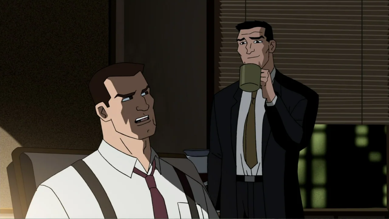 Justice League: The New Frontier (2008) movie still: medium — A dimly lit office features dark wood panels and window blinds at night. Two men in…