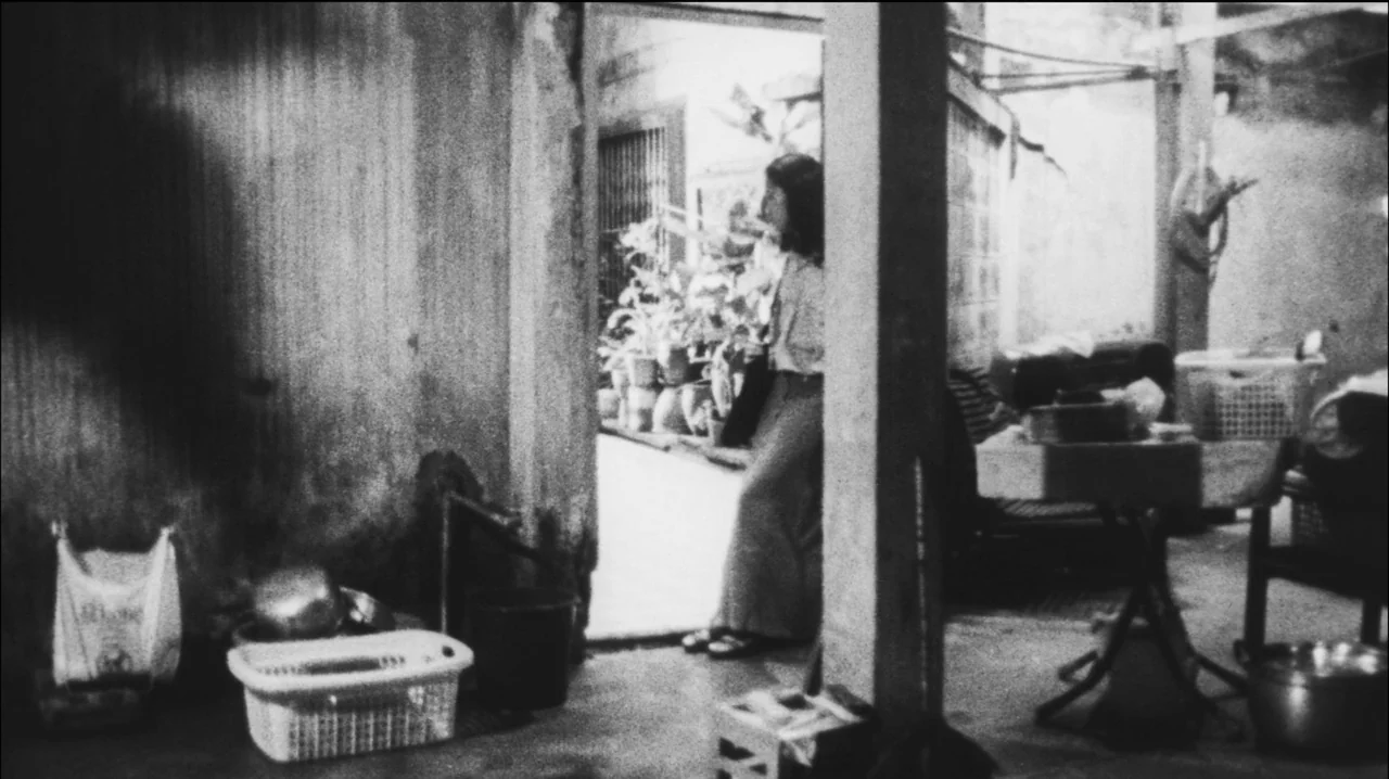 Mysterious Object at Noon (2000) movie still: medium — A cluttered residential space with stone walls and various household items sits in shadow. A…