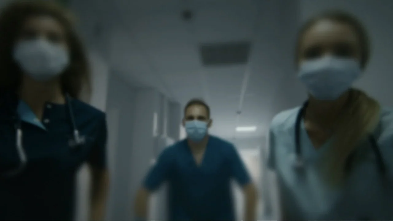The Collective (2023) movie still: medium — A clinical hospital hallway with plain walls and blurred architectural features in the background. Three…