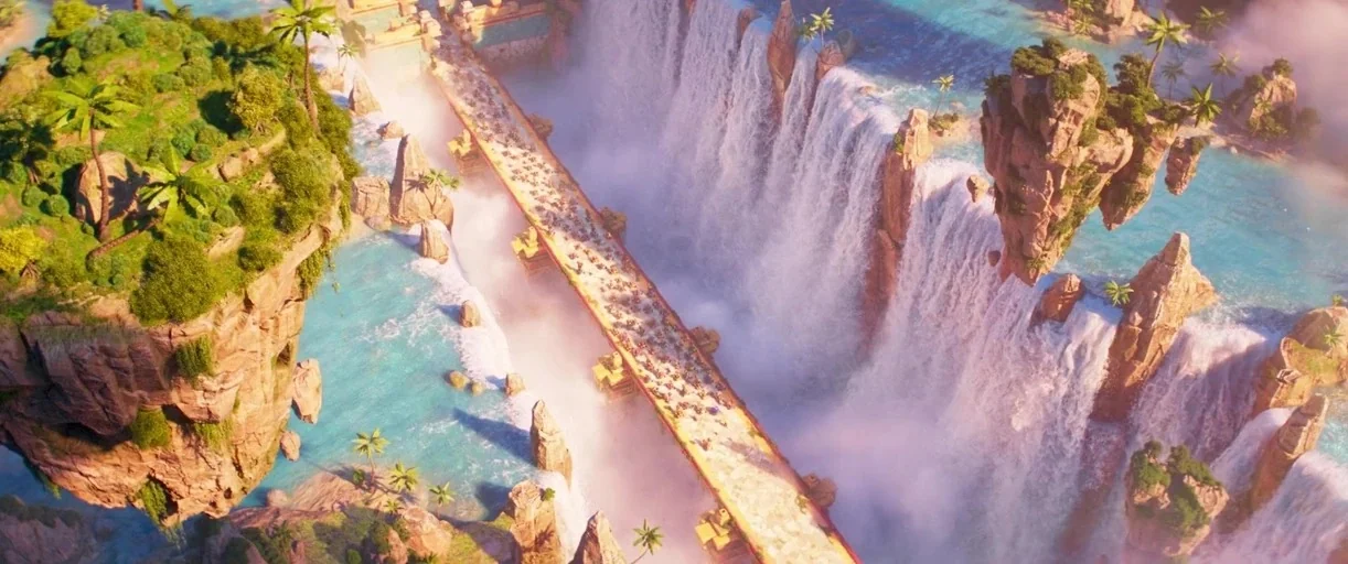 The Super Mario Bros. Movie (2023) movie still: establishing — A long bridge connects two floating islands amidst cascading waterfalls and lush…