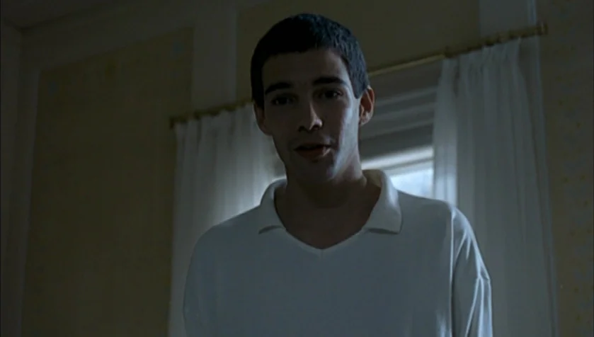 Funny Games (1997) movie still: medium — A man stands in a room with light-colored walls and white window curtains. The man faces the camera…