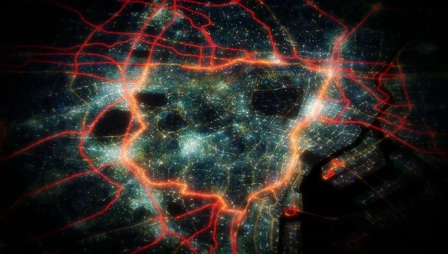 Jujutsu Kaisen (2020) movie still: establishing — An overhead digital visualization of a large metropolis at night showing glowing light grids.…