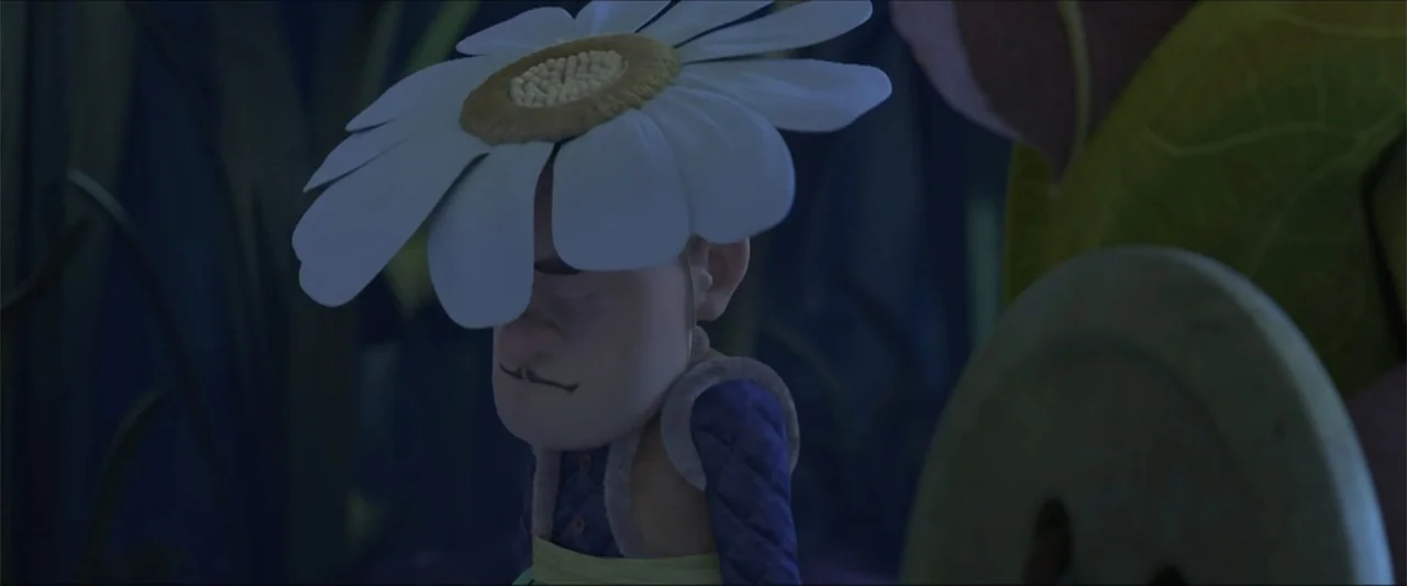 Boonie Bears: The Big Shrink (2018) movie still: closeup — A character sits outdoors in a dark environment filled with plant-like foliage. A large…