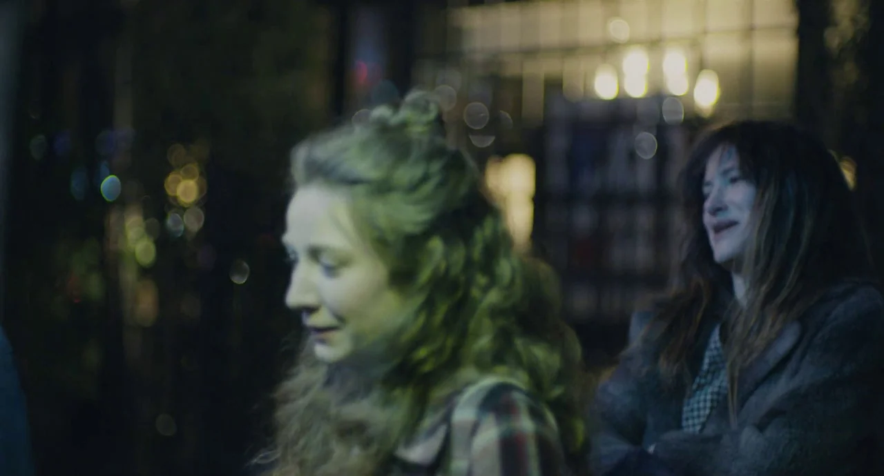 Private Life (2018) movie still: medium — Two women stand outdoors at night with blurry illuminated windows visible in the background. The…