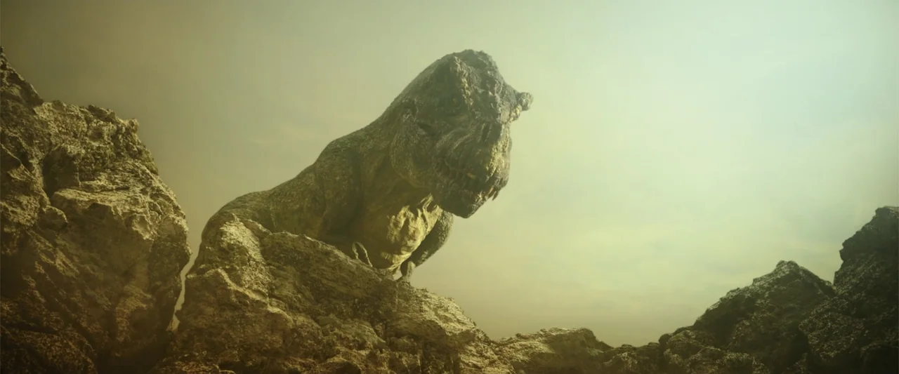 Along with the Gods: The Last 49 Days (2018) movie still: medium — A prehistoric landscape features jagged, textured rock formations under a hazy…