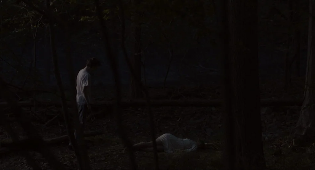 Louder Than Bombs (2015) movie still: wide — A dark, densely wooded area contains numerous tree trunks and fallen debris. A man in a light t-shirt…
