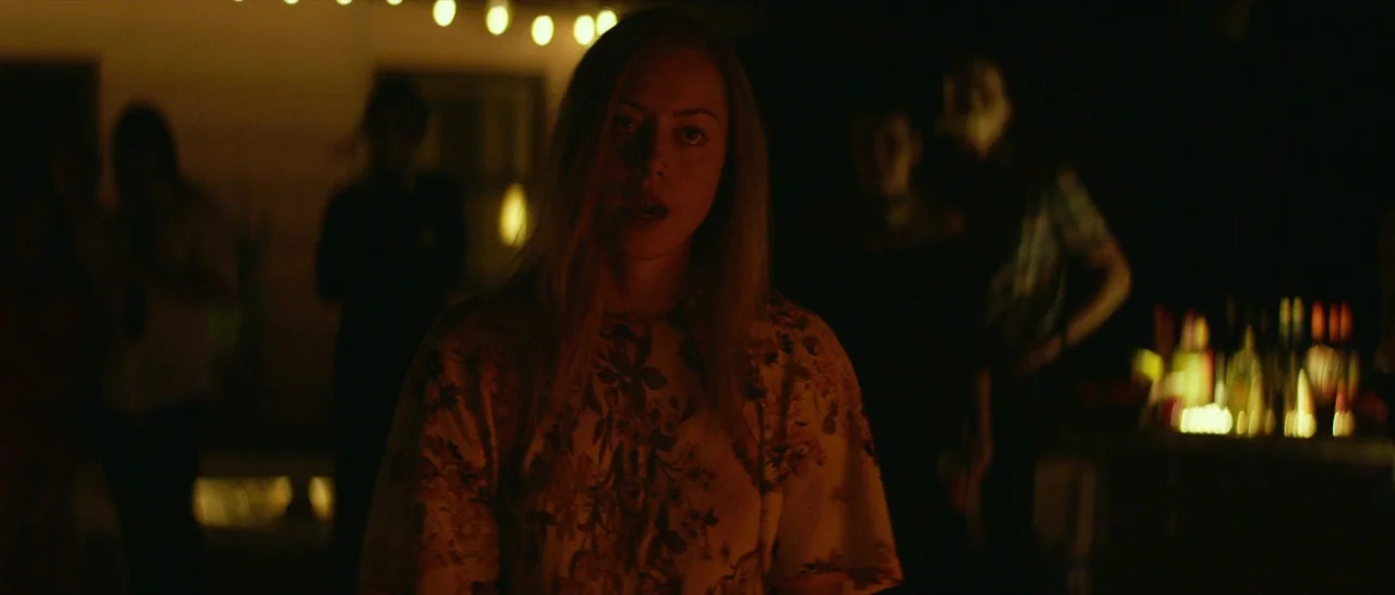 Ingrid Goes West (2017) movie still: medium — An outdoor evening gathering occurs with string lights visible in the blurry background. A woman in a…