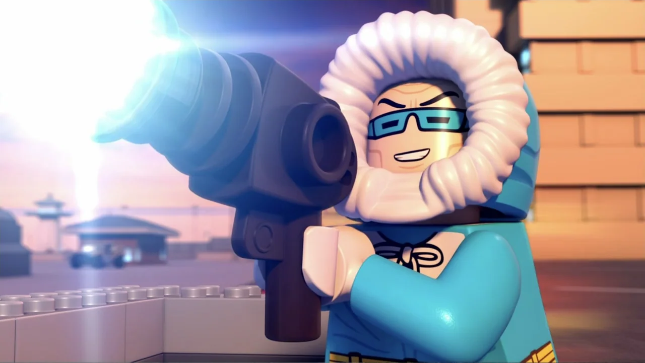 LEGO DC Comics Super Heroes: Justice League - Attack of the Legion of Doom! (2015) movie still: medium — A lego figure stands on a rooftop ledge…