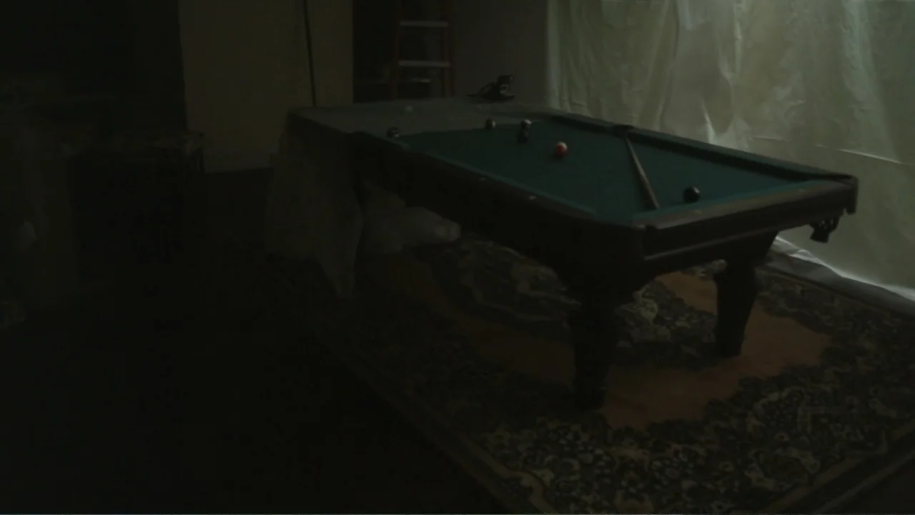 Silent House (2011) movie still: medium — A dark, sparsely furnished room contains a green pool table on a patterned rug. A white plastic sheet…