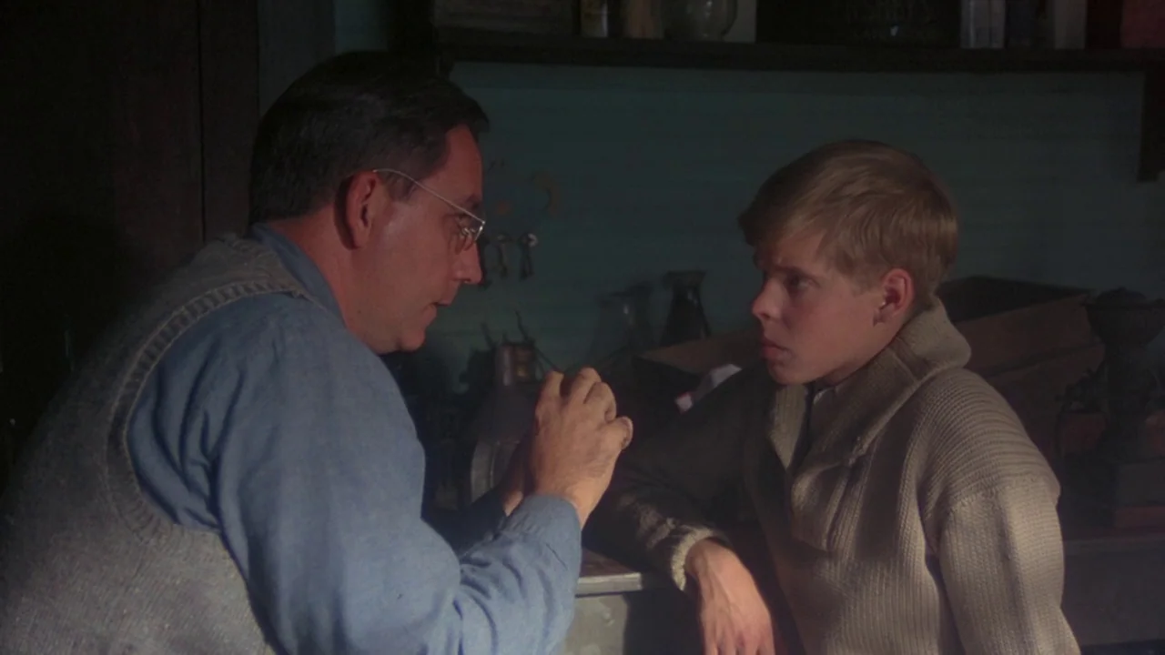 Matewan (1987) movie still: medium — A dimly lit room with blue-painted walls features shelves filled with miscellaneous store goods. A man speaks…