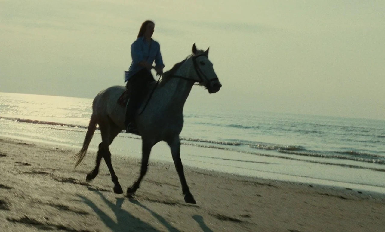 Graduate First (1978) movie still: fullbody — A wide stretch of sandy beach borders a calm, shallow sea under an overcast sky. A woman with long…