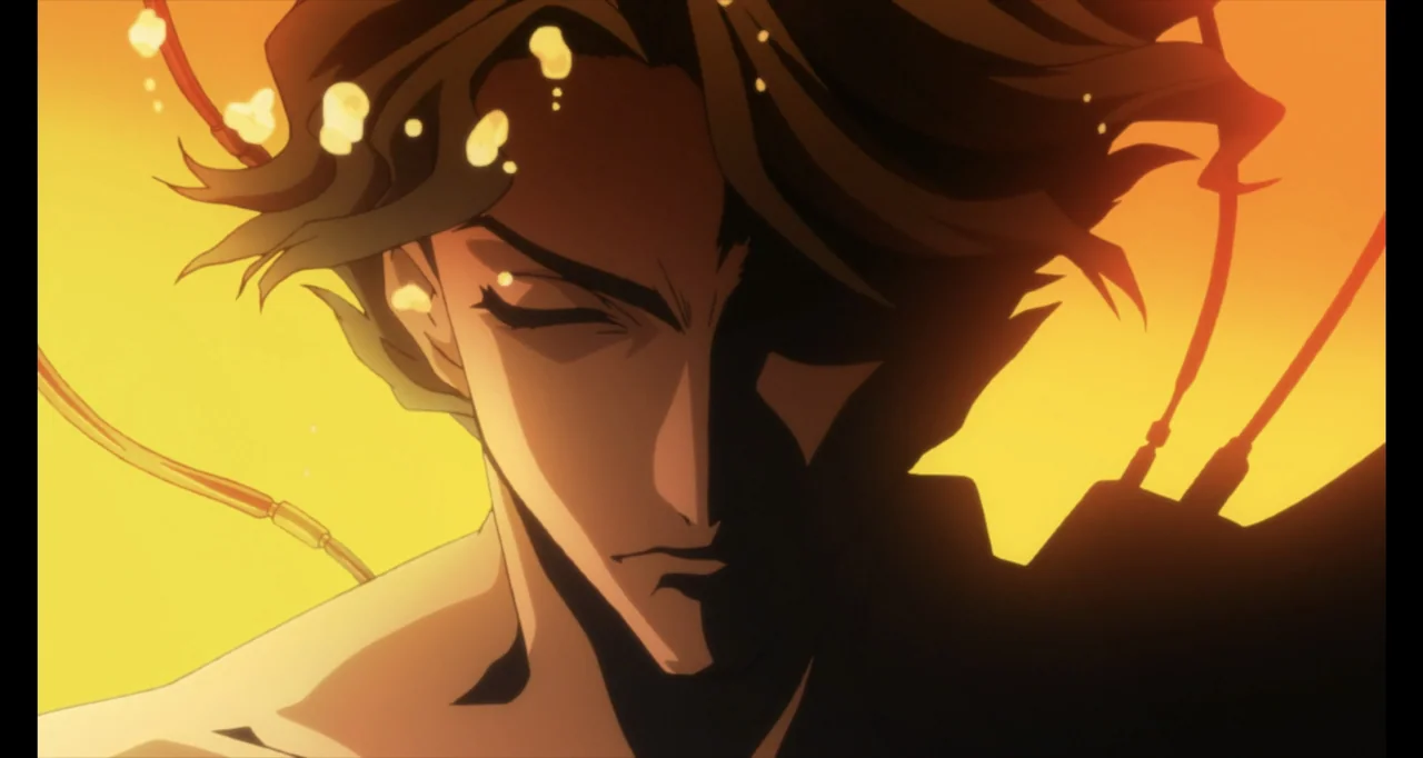 Code Geass: Lelouch of the Rebellion III - Glorification (2018) movie still: closeup — A stylized golden background frames a character connected to…