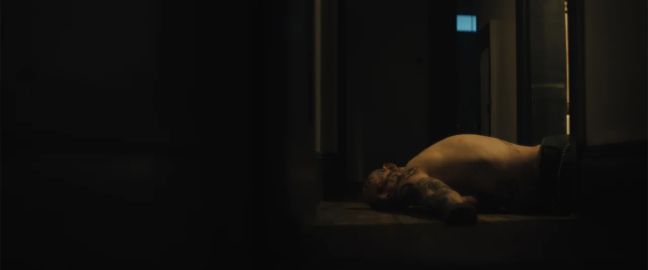 Skin (2009) movie still: medium — A dimly lit narrow hallway with shadowed walls and dark wooden flooring. A tattooed man lies face down on the…