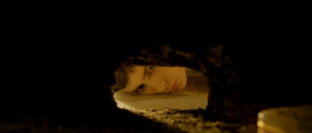 Amelie (2001) movie still: closeup — A woman looks through a small, jagged hole in a dark, textured partition. Her face rests against a smooth,…