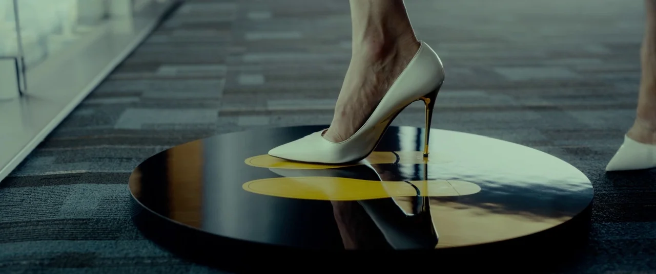 Okja (2017) movie still: closeup — A low-angle view shows a person's foot in a white stiletto on a floor. The shoe rests precisely on a yellow…