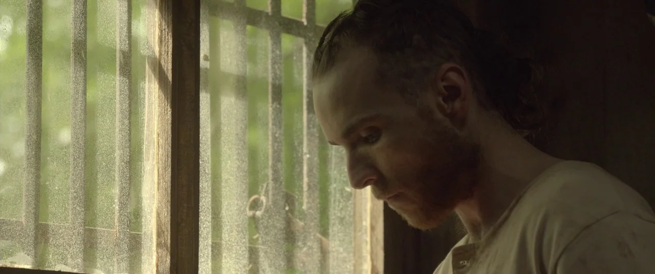 The Survivalist (2015) movie still: closeup — A dimly lit, rustic cell features a wooden-framed window with vertical iron bars. A man with a short…