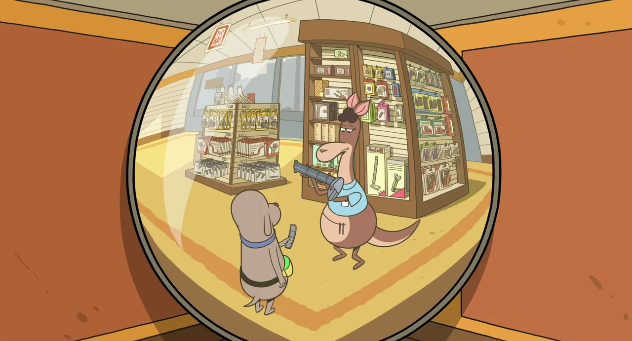 Robot Dreams (2023) movie still: medium — An electronics store interior with aisles of product packaging displayed on wooden shelves. A kangaroo…