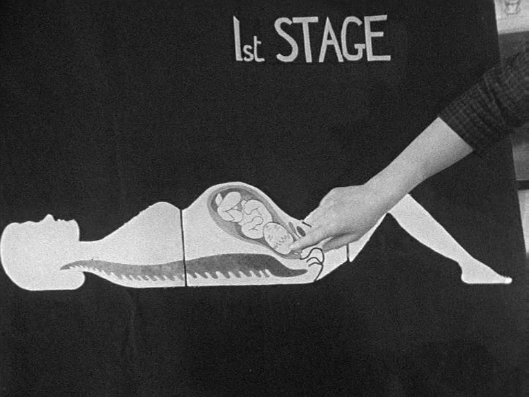 Cathy Come Home (1969) movie still: closeup — A black chalkboard displays a white line drawing of a pregnant woman's silhouette. A human hand points…