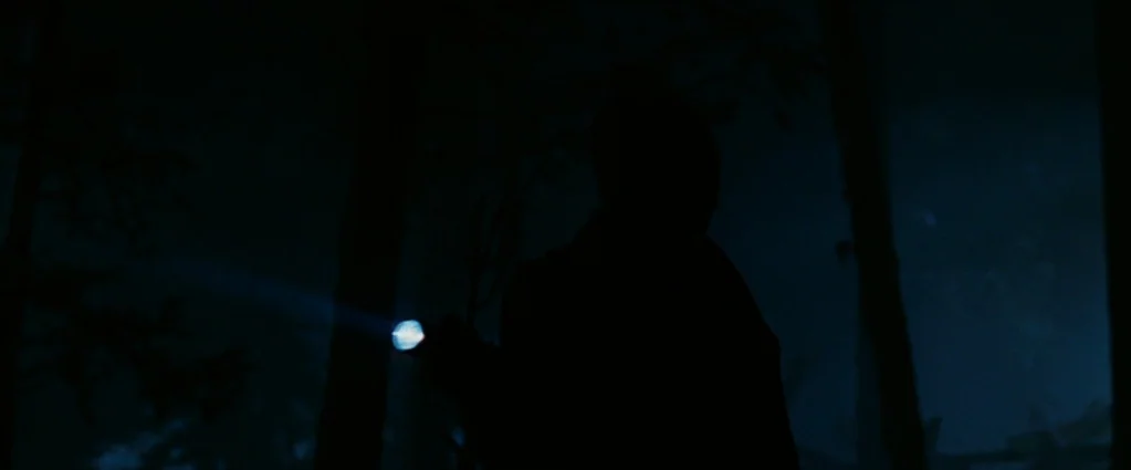 Wind Chill (2007) movie still: medium — Dark pine trees frame a figure standing in a nighttime outdoor setting. The subject casts a beam of light…