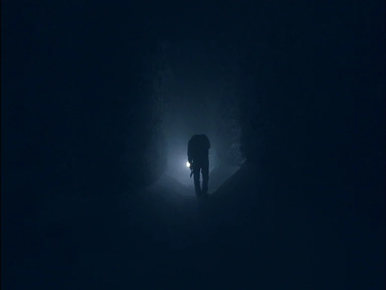 The Shining (1980) movie still: wide — A dark, narrow passageway flanked by tall, dense hedges under a night sky. A lone person in dark clothing…