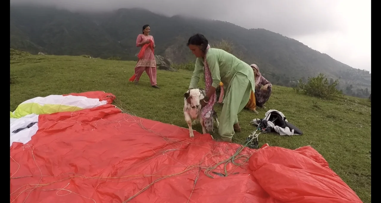 Blutch (2018) movie still: wide — A grassy mountain slope features three women and a goat near a large parachute. One woman interacts with the goat…