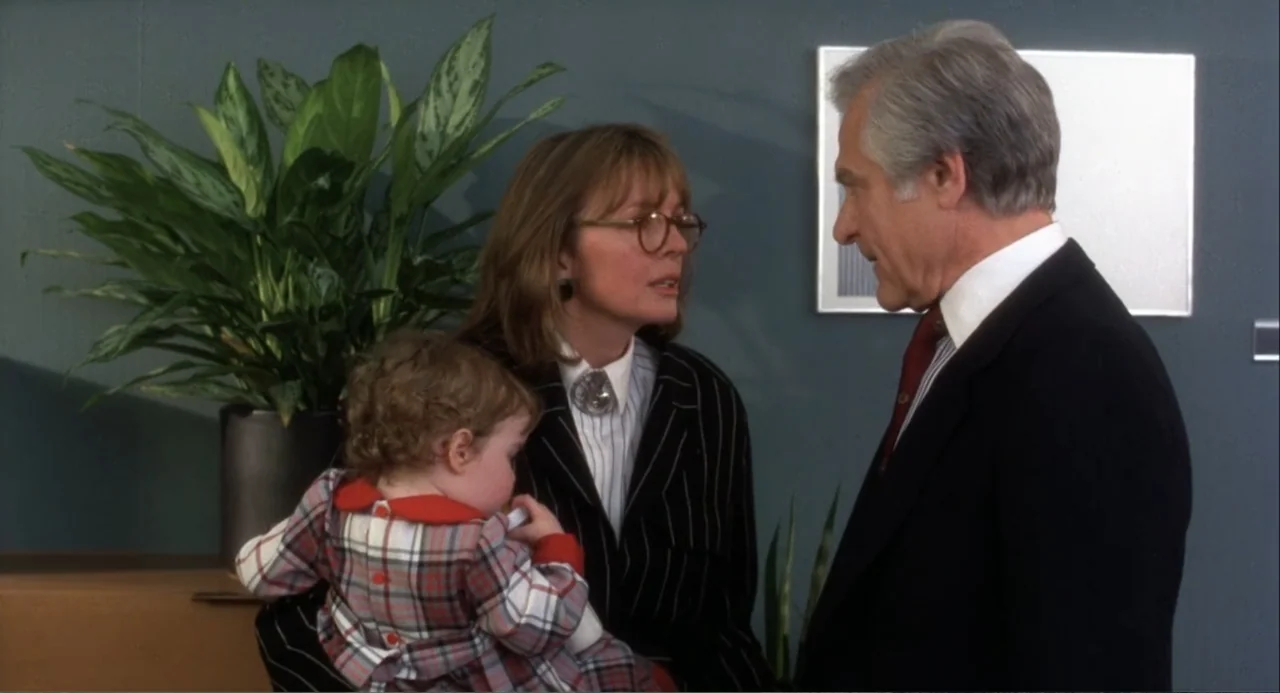 Baby Boom (1987) movie still: medium — A professional office with grey walls and a large potted plant in the corner. A woman holding an infant in a…