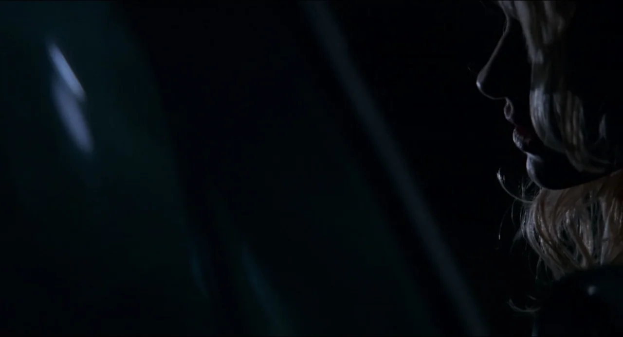 The Ring Two (2005) movie still: closeup — A dimly lit car interior at night with darkness filling the frame. A blonde woman in silhouette looks…
