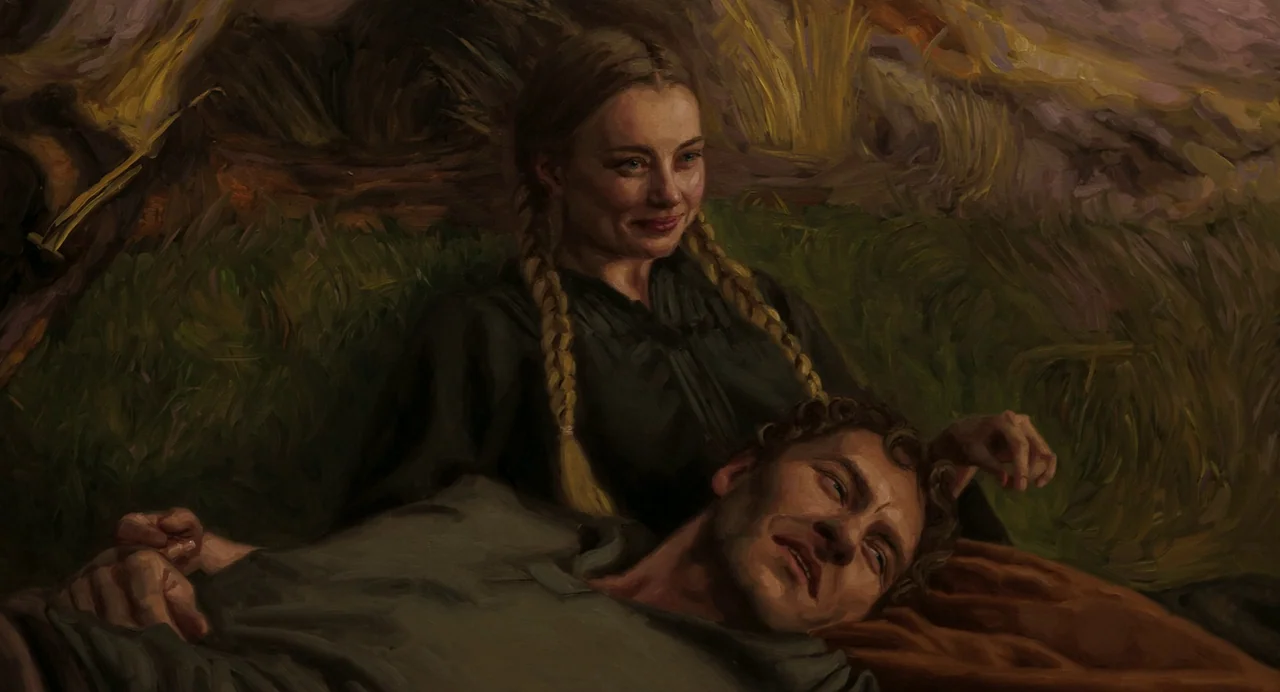 The Peasants (2023) movie still: medium — A field of tall grass surrounds a woman and a reclining man. The woman sits in the grass while the man…