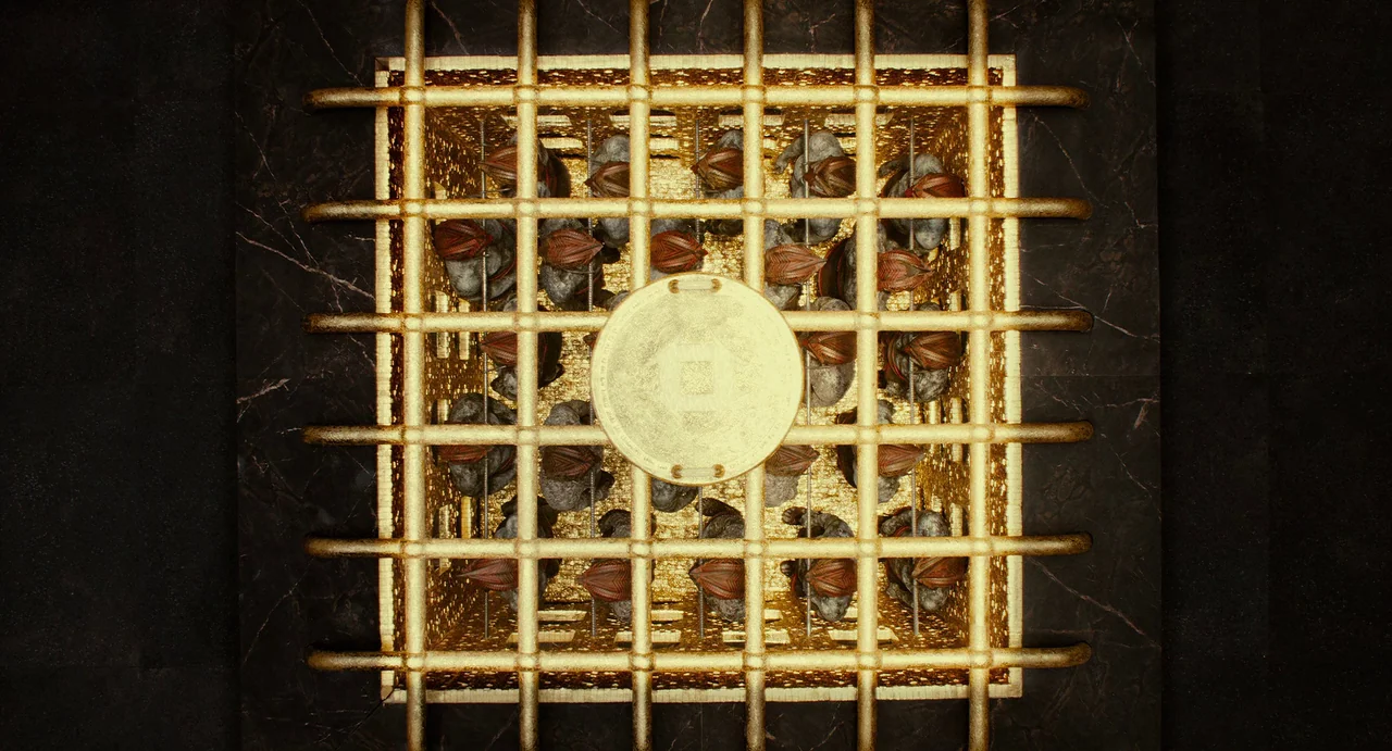The Immortals (2011) movie still: establishing — A square golden cage with a central circular medallion is surrounded by dark marble. Multiple…