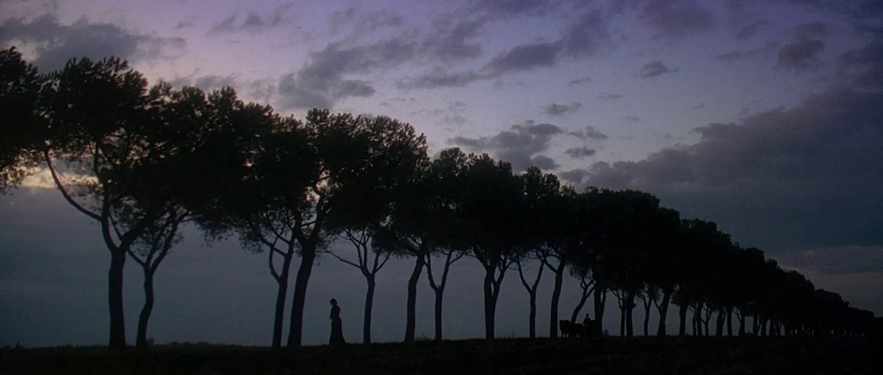 The Portait of a Lady (1996) movie still: wide — A long row of umbrella pine trees lines a road under a dark evening sky. A small figure walks past…